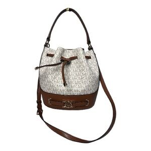 Michael Kors White and Brown Logo Drawstring medium Bucket Bag EUC!